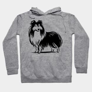 This is a simple black ink drawing of a Sheltie dog Hoodie